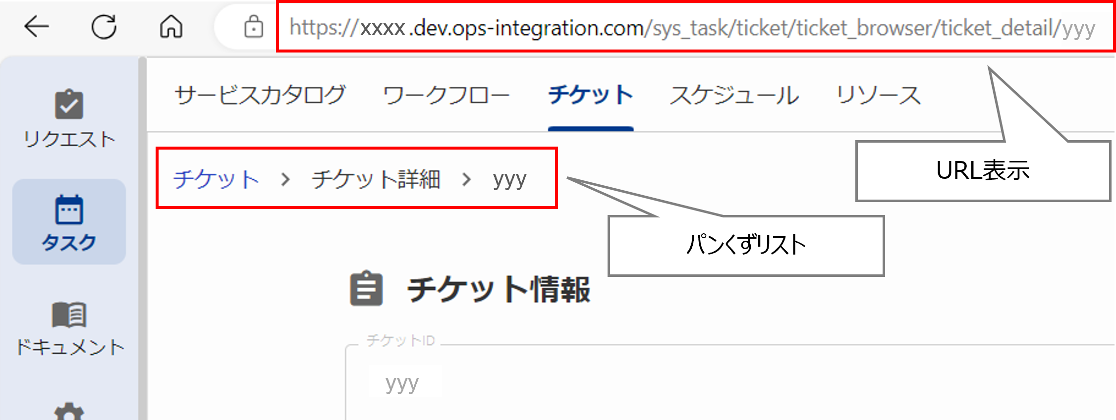 （図）チケット画面のURL表示・パンくずリスト